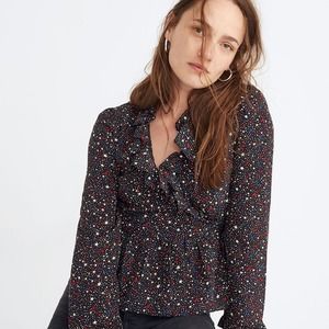 Madewell Silk Ruffle-Hem Wrap Top in Starry Night